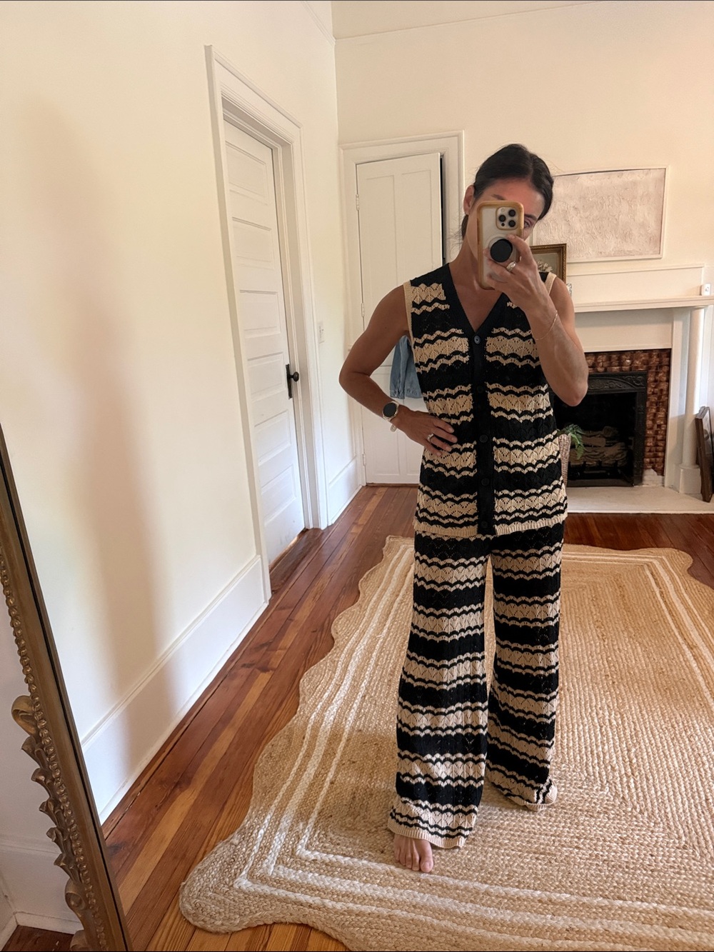 Amazon Black & Cream Striped Crochet Wide-Leg Jumpsuit